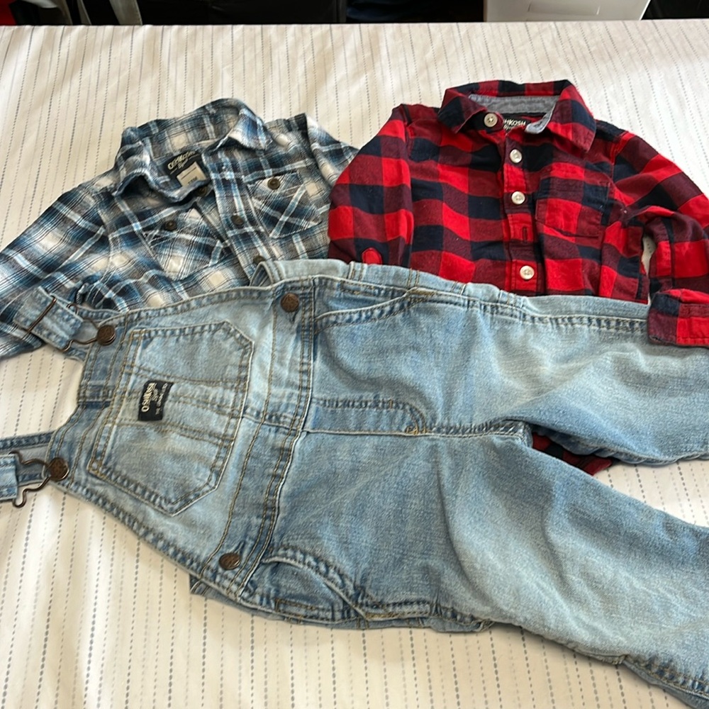 18M Oshkosh flannel shirt and overalls bundle